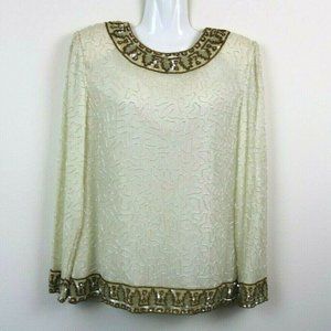 Laurence Kazar Womens Blouse White Gold Sequin NWT